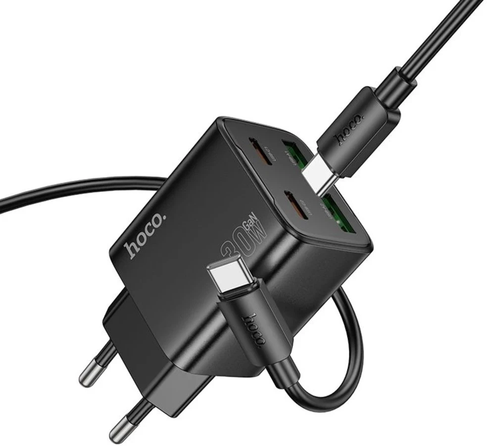 Telefono įkroviklis Hoco 2 x USB C + 2 x USB A QC3.0 PD 3A 30W + laidas USB C į USB C N56 juodas