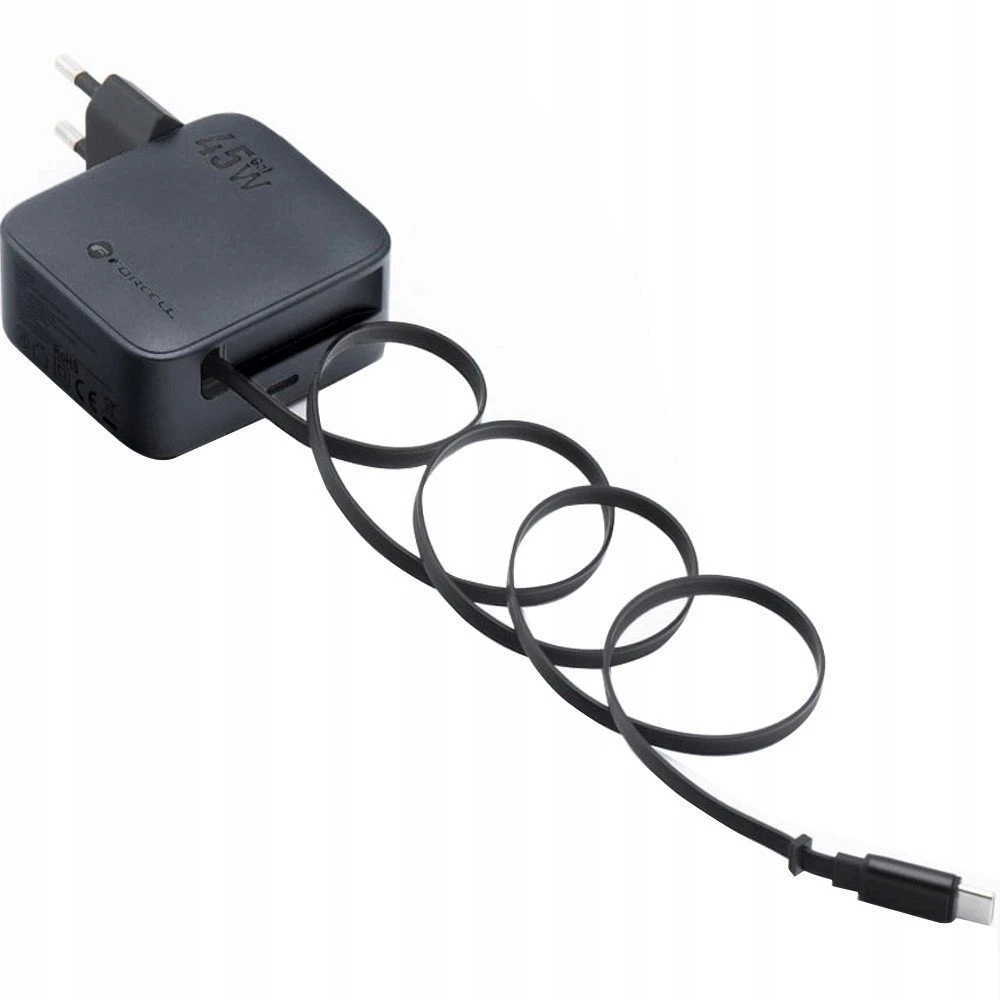 Telefono įkroviklis Forcell F-Energy GaN USB C + ištraukiamas laidas USB C PD QC4.0 3A 45W VT-R5 pilka