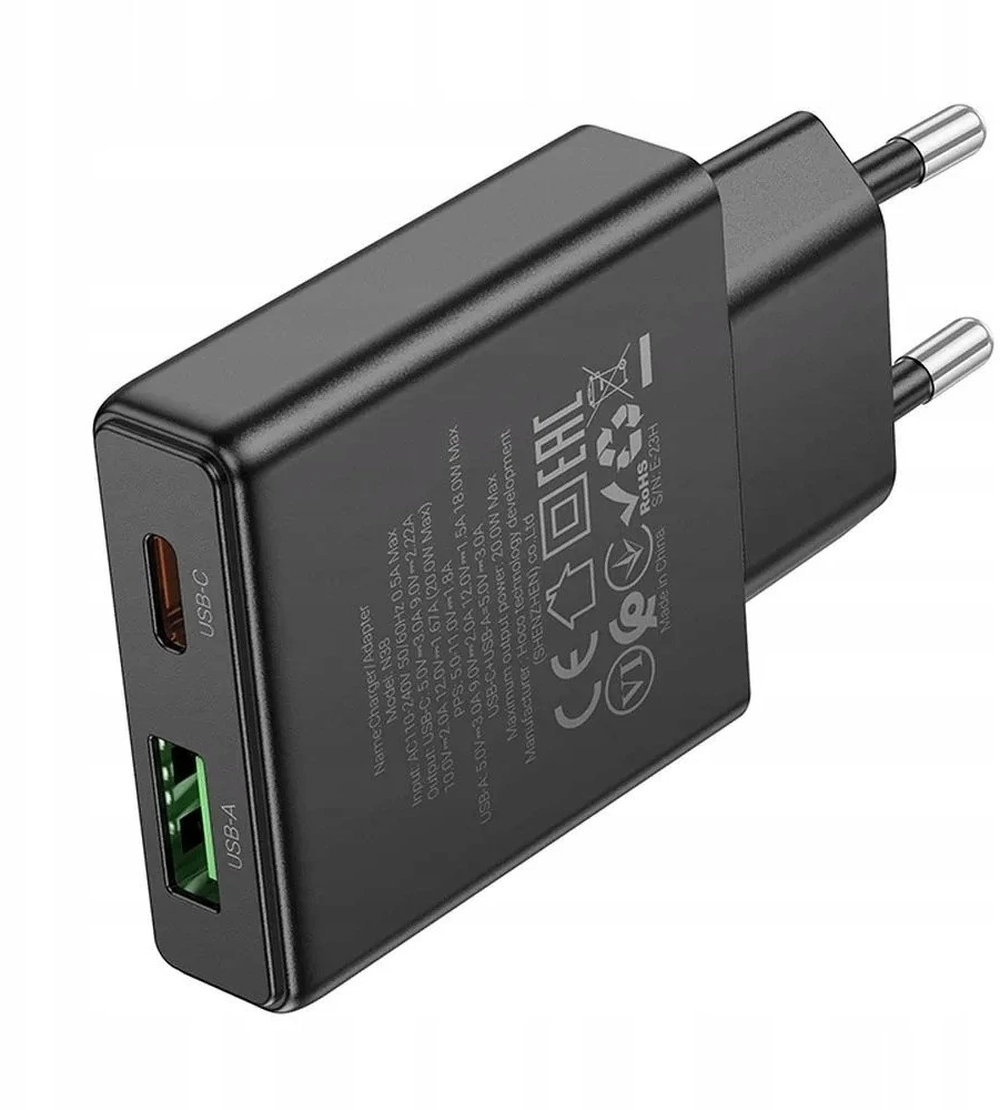 Telefono įkroviklis Hoco Slim USB A + USB C QC3.0 PD 3A 20W N38 juodas