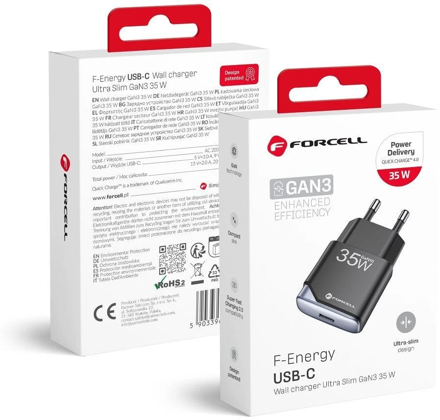 Telefono įkroviklis Forcell F-Energy Ultra Slim GaN III USB C PD QC4.0 3A 35W B135101-E juodas