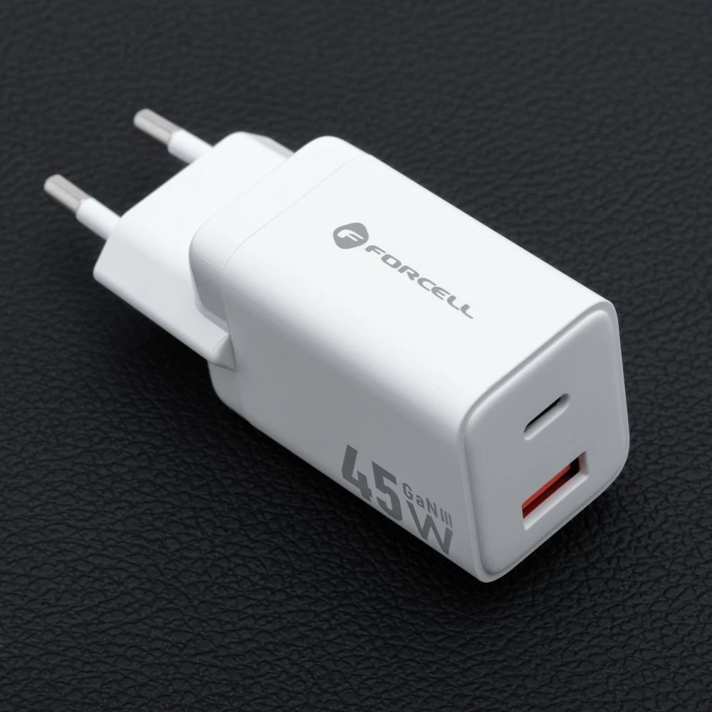 Telefono įkroviklis Forcell F-Energy Mini GaN III USB C + USB A PD QC4.0 45W VT-36 baltas