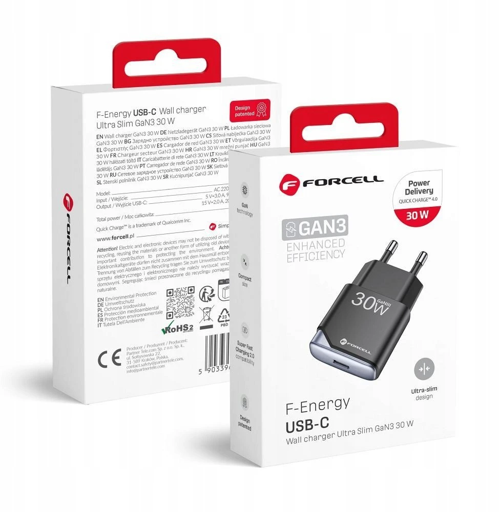 Telefono įkroviklis Forcell F-Energy Ultra Slim GaN III USB C PD QC4.0 3A 30W B130101-E juodas