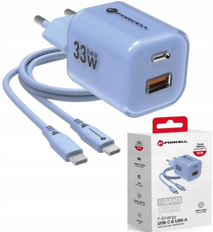 Telefono įkroviklis Forcell F-Energy GaN III Crystal Color USB C + USB A QC4.0 PD 33W + silikoninis laidas USB C į USB C VT-41 mėlynas