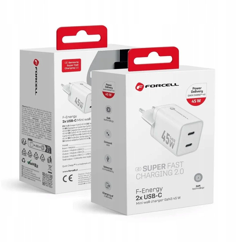 Telefono įkroviklis Forcell F-Energy Mini GaN III 2 x USB C PD QC4.0 45W VT-36B baltas