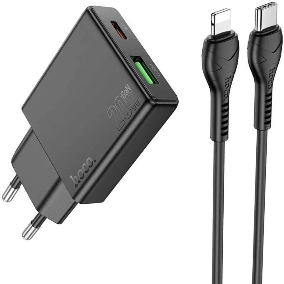 Telefono įkroviklis Hoco Slim USB A + USB C QC3.0 PD 3A 20W + laidas USB C - Lightning N38 juodas