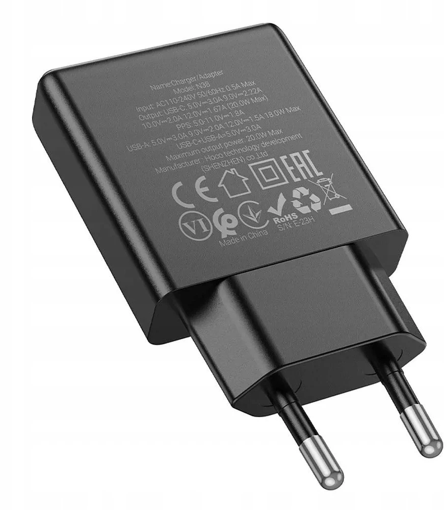 Telefono įkroviklis Hoco Slim USB A + USB C QC3.0 PD 3A 20W N38 juodas