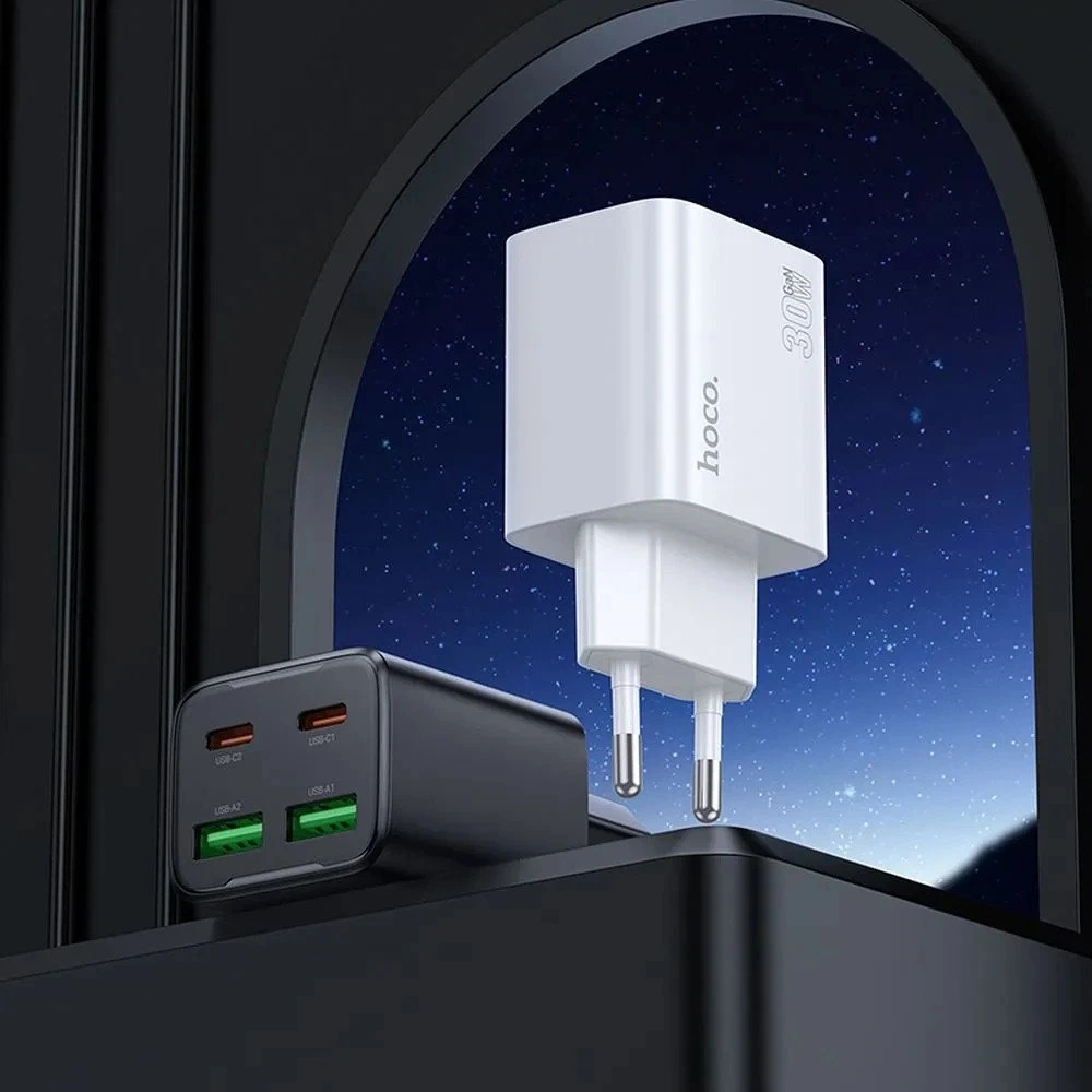 Telefono įkroviklis Hoco 2 x USB C + 2 x USB A QC3.0 PD 3A 30W + laidas USB C į Lightning N56 baltas