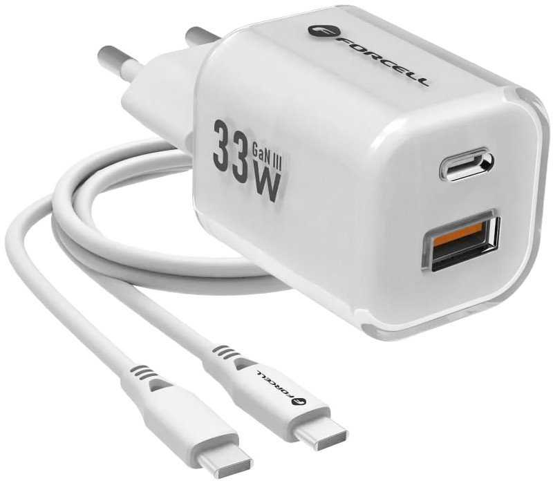 Telefono įkroviklis Forcell F-Energy GaN III Crystal Color USB C + USB A QC4.0 PD 33W + silikoninis laidas USB C į USB C VT-41 baltas 0INT
