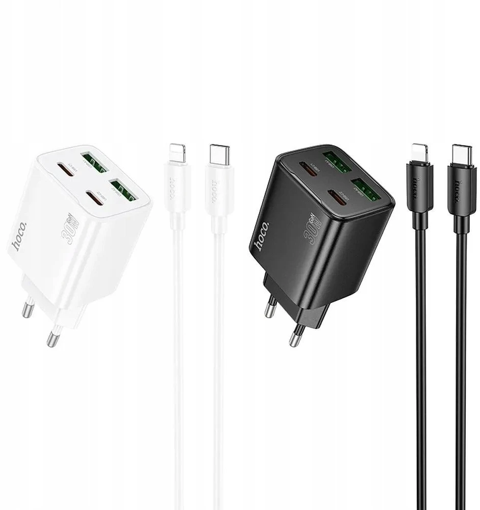 Telefono įkroviklis Hoco 2 x USB C + 2 x USB A QC3.0 PD 3A 30W + laidas USB C į Lightning N56 baltas