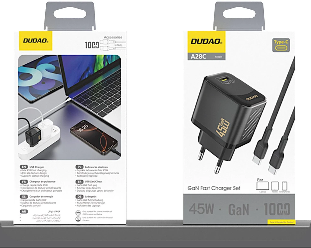 Dudao A28C 45W GaN laidinis įkroviklis + USB-C kabelis – juodos spalvos
