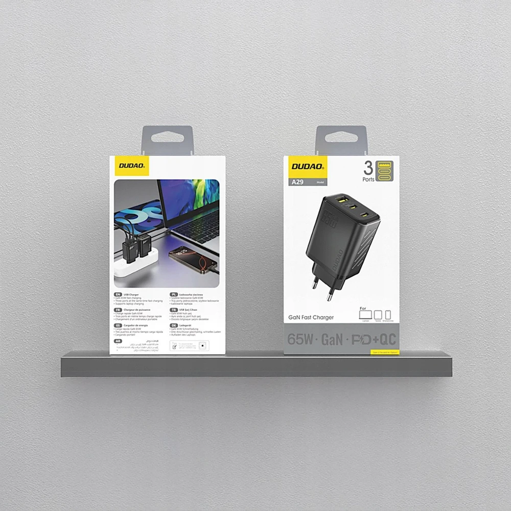 Dudao A29 65W GaN laidinis įkroviklis 2 x USB-C + 1 x USB-A – juodos spalvos
