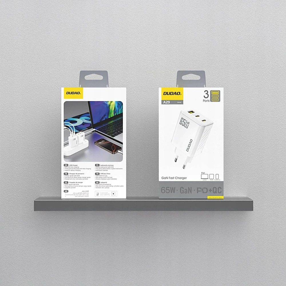 Dudao A29 65W GaN laidinis įkroviklis 2 x USB-C + 1 x USB-A – baltos spalvos