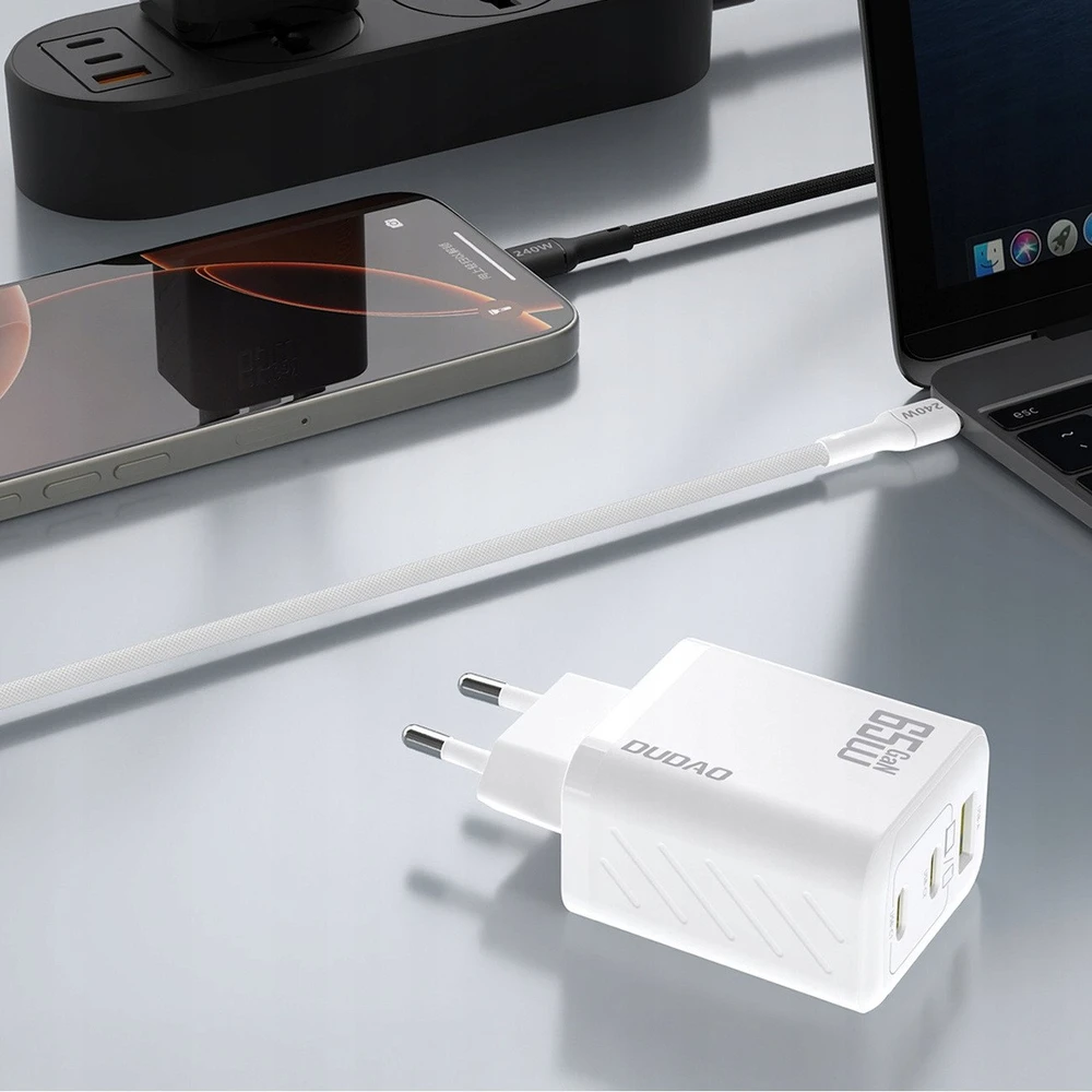 Dudao A29 65W GaN laidinis įkroviklis 2 x USB-C + 1 x USB-A – baltos spalvos