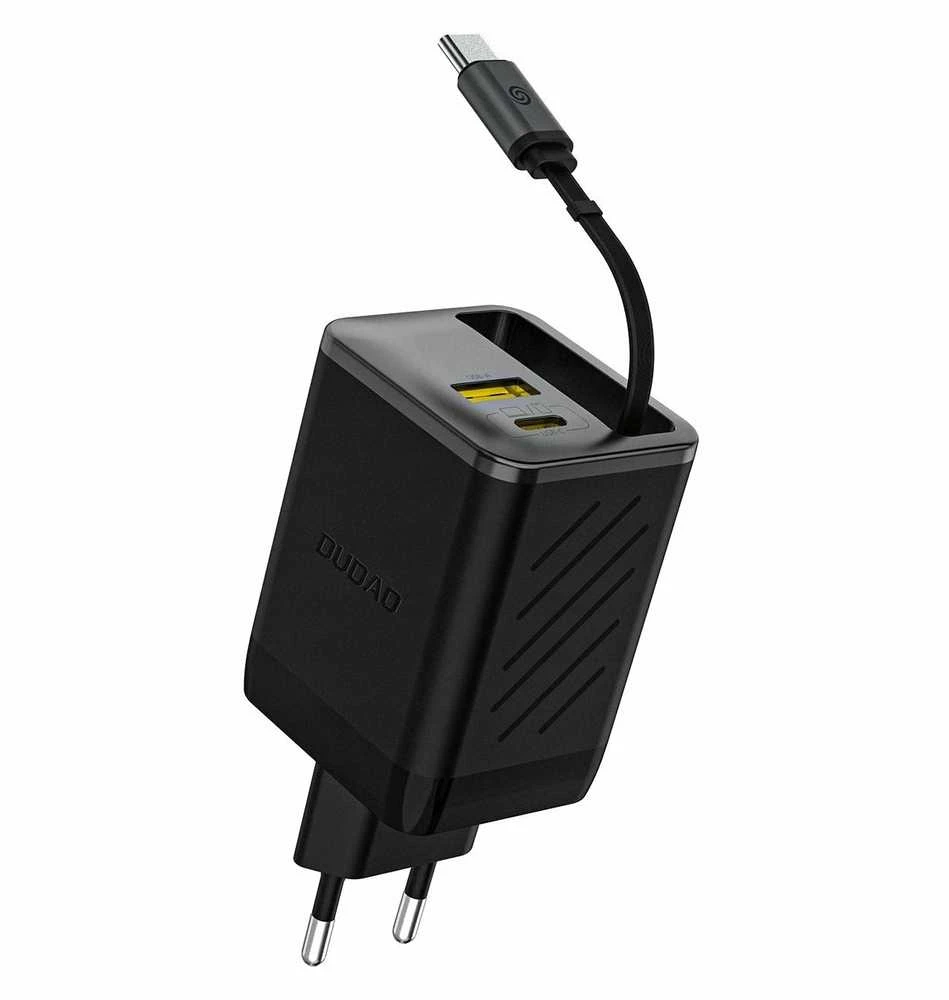 Dudao A67EU GaN 67W sieninis įkroviklis su integruotu ištraukiamu USB-C maitinimo laidu greitam įkrovimui - Juodas
