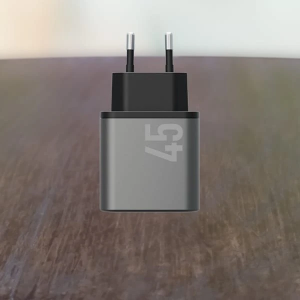 Laidinis įkroviklis Energea Ampcharge GaN45 2xUSB-C PD/PPS/QC3.0 45W pilkas