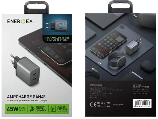 Laidinis įkroviklis Energea Ampcharge GaN45 2xUSB-C PD/PPS/QC3.0 45W pilkas