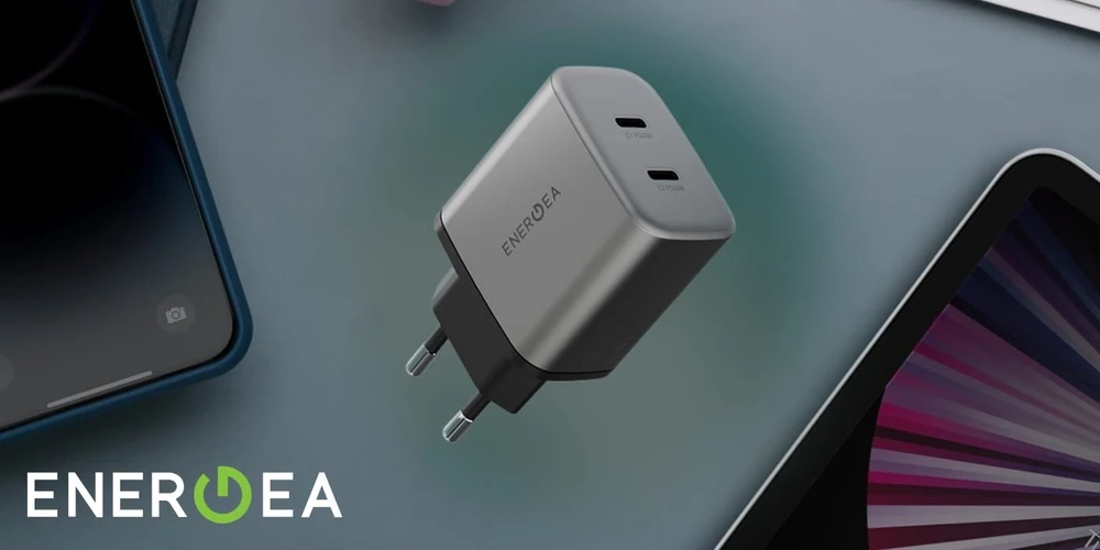 Laidinis įkroviklis Energea Ampcharge GaN45 2xUSB-C PD/PPS/QC3.0 45W pilkas