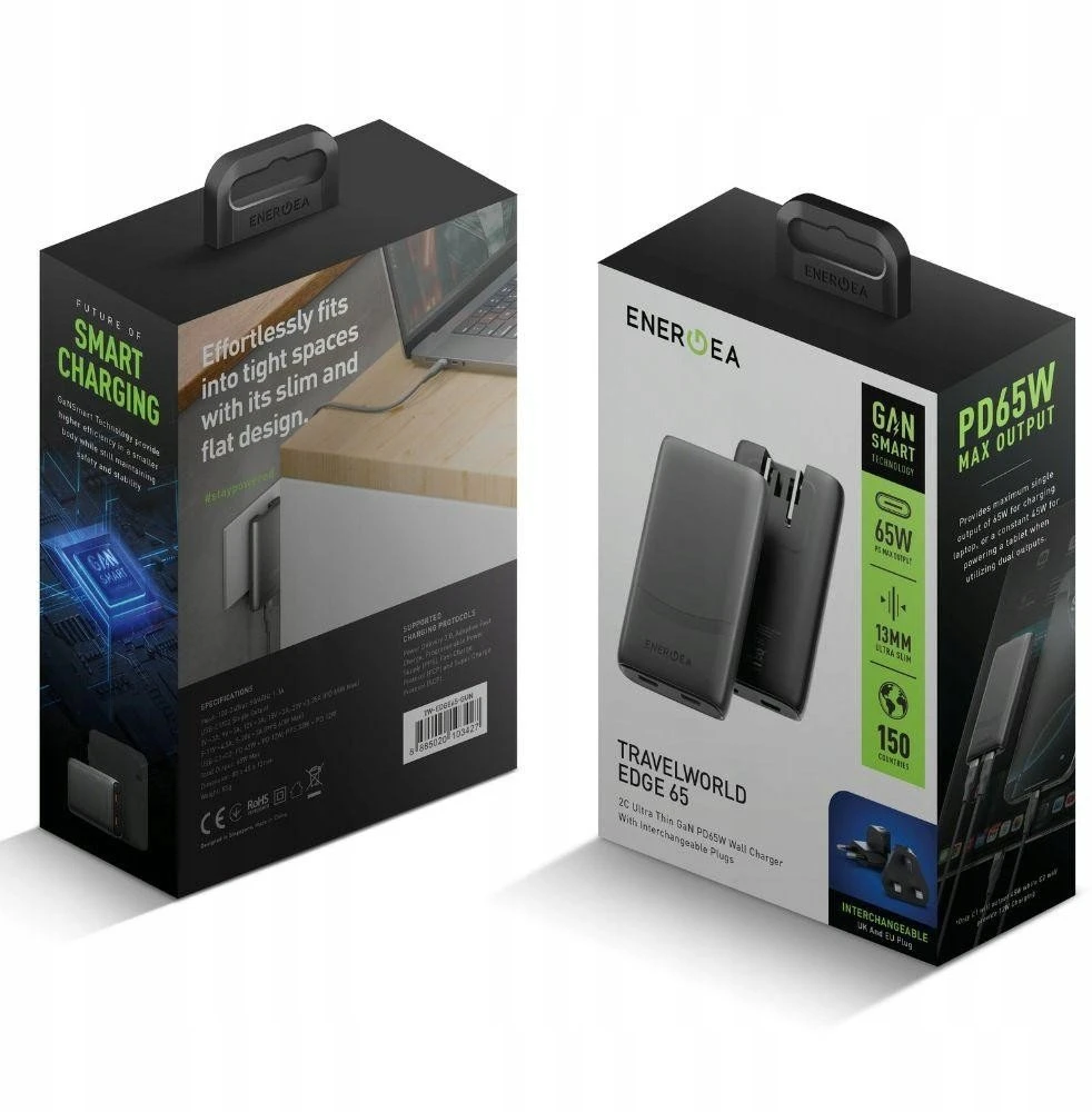 Laidinis įkroviklis Energea TravelWorld Edge 65W 2xUSB-C PD/PPS/QC3.0 (US/UK/EU) graphite