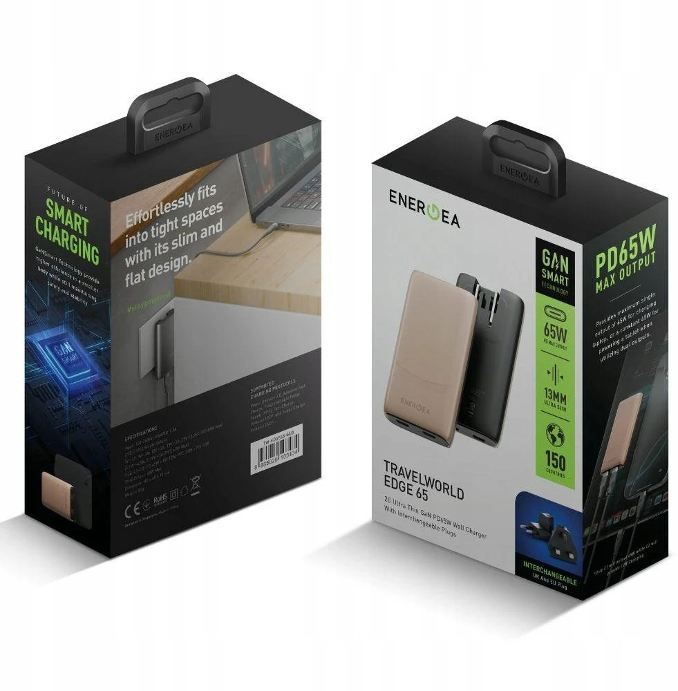 Laidinis įkroviklis Energea TravelWorld Edge 65W 2xUSB-C PD/PPS/QC3.0 (US/UK/EU) auksinis