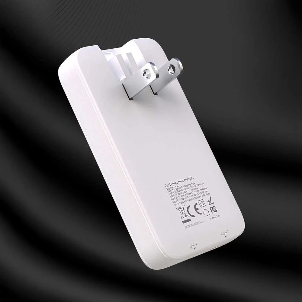 GaN Dudao A65Q 65W USB-A / USB-C PD itin plonas kelioninis laidinis įkroviklis EU / US – baltos spalvos