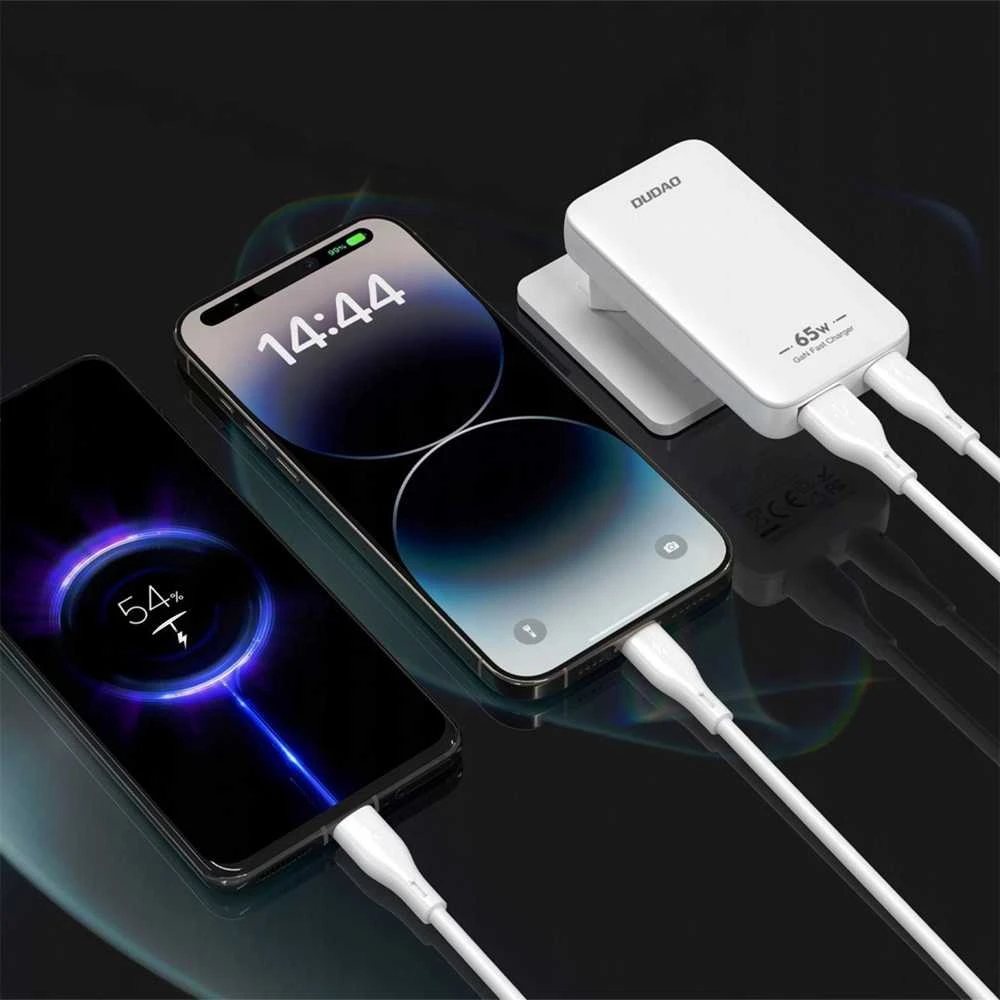 GaN Dudao A65Q 65W USB-A / USB-C PD Ultra-Thin Travel laidinis įkroviklis EU / US – baltos spalvos