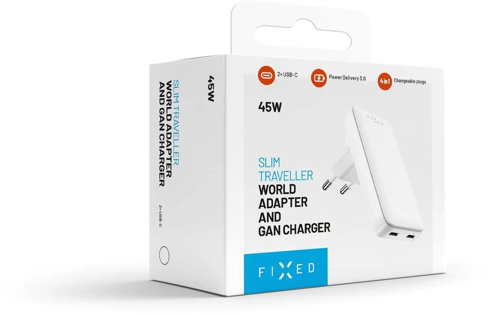 Fixed Slim Traveller 2xUSB-C Travel Charger with world adapters, GaN, 45W | Baltas