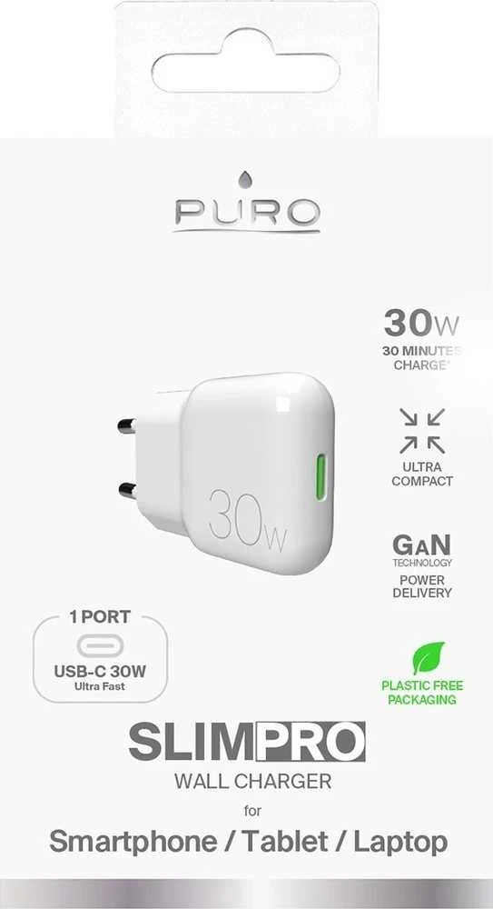 GaN Puro SLIMPRO 30W USB-C laidinis įkroviklis – baltos spalvos