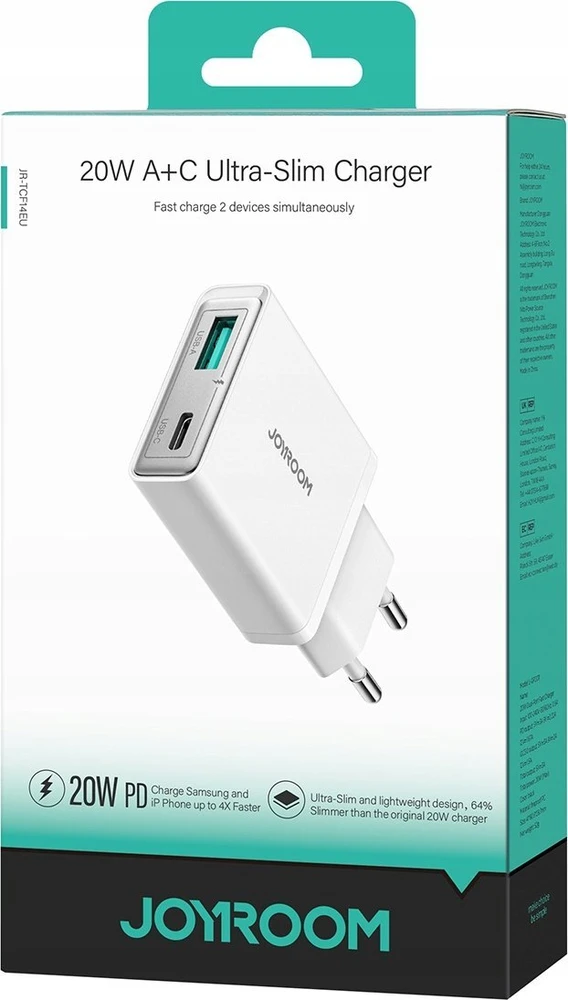 Įkroviklis Joyroom Super Slim (TCF14) (1xUSB-C;1xUSB 3A 20W) baltas