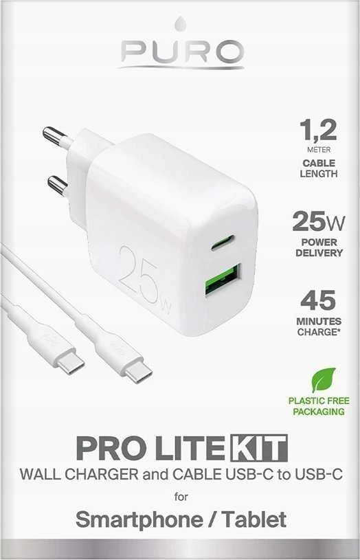 Puro PROLITE 25W USB-A / USB-C sieninis įkroviklis + USB-C – USB-C laidas 1,2 m – baltos spalvos