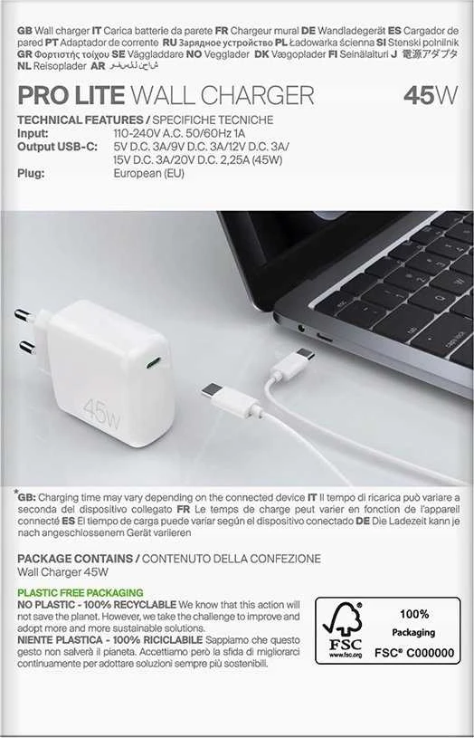 Puro PROLITE 45W USB-C laidinis įkroviklis – baltos spalvos