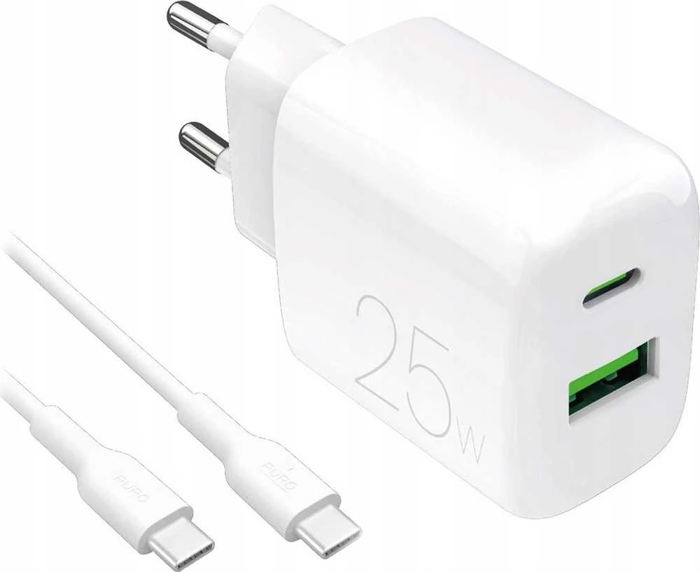 Puro PROLITE 25W USB-A / USB-C sieninis įkroviklis + USB-C – USB-C laidas 1,2 m – baltos spalvos