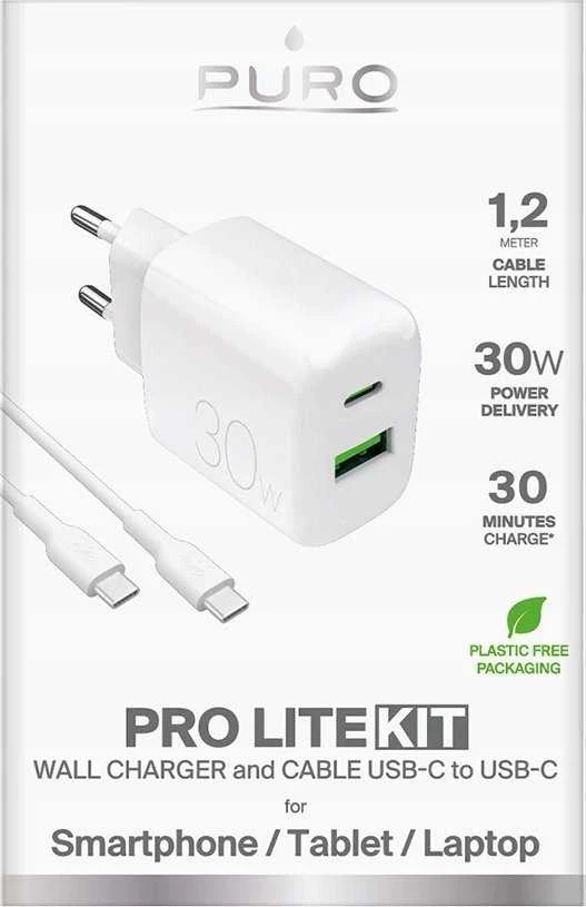 Puro PROLITE 30W USB-A / USB-C sieninis įkroviklis + USB-C – USB-C laidas 1,2 m – baltos spalvos