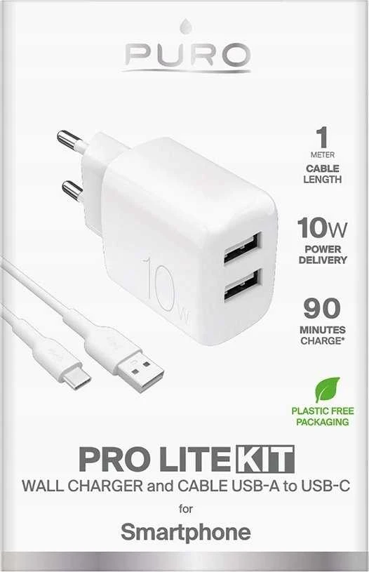 Puro PROLITE 10W 2x USB-A sieninis įkroviklis + USB-A – USB-C kabelis 1.2m – baltos spalvos