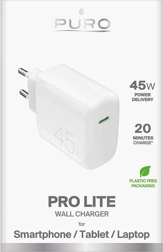 Puro PROLITE 45W USB-C laidinis įkroviklis – baltos spalvos