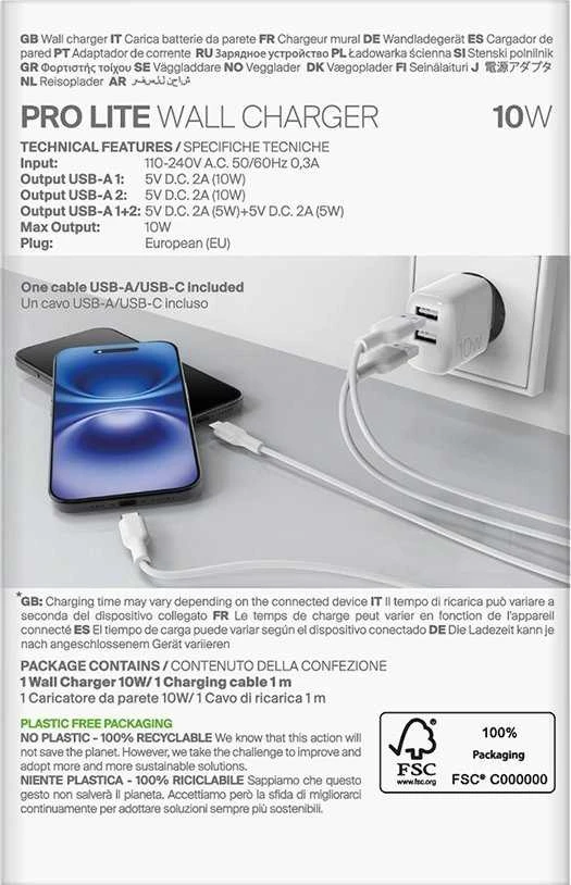 Puro PROLITE 10W 2x USB-A sieninis įkroviklis + USB-A – USB-C kabelis 1.2m – baltos spalvos