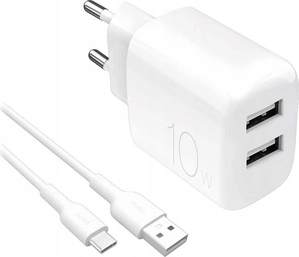 Puro PROLITE 10W 2x USB-A sieninis įkroviklis + USB-A – USB-C kabelis 1.2m – baltos spalvos