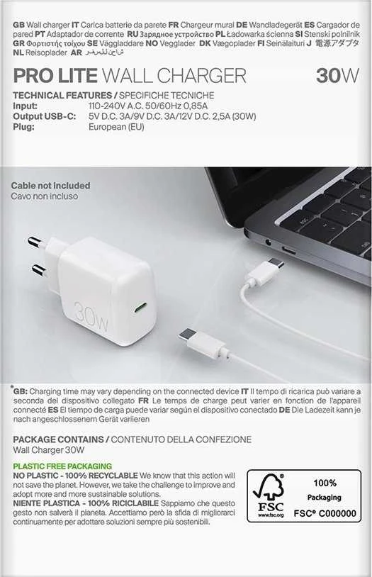 Puro PROLITE 30W USB-C laidinis įkroviklis – baltos spalvos
