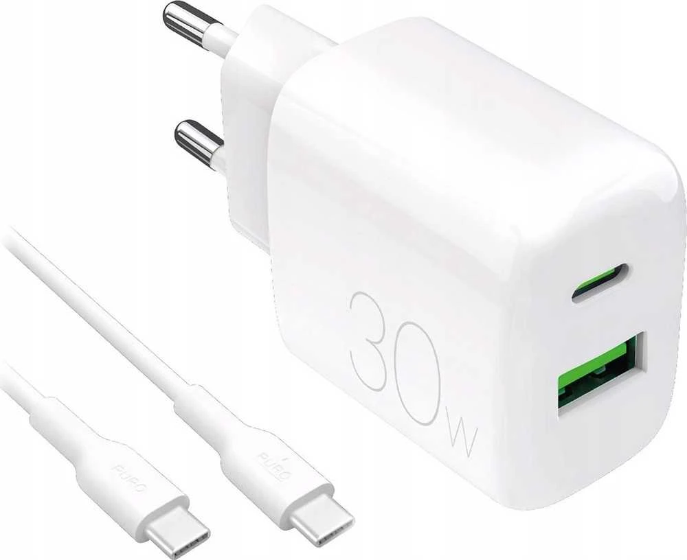 Puro PROLITE 30W USB-A / USB-C sieninis įkroviklis + USB-C – USB-C laidas 1,2 m – baltos spalvos