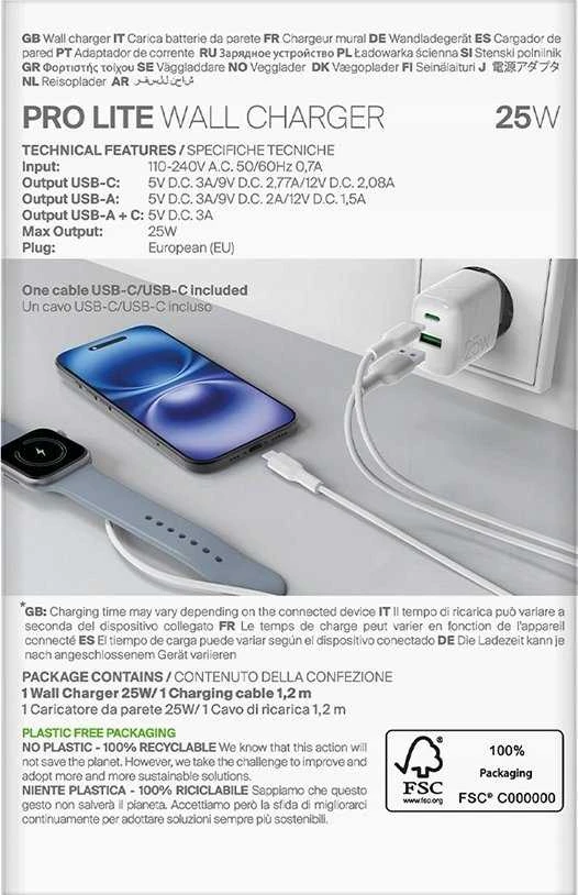 Puro PROLITE 25W USB-A / USB-C sieninis įkroviklis + USB-C – USB-C laidas 1,2 m – baltos spalvos