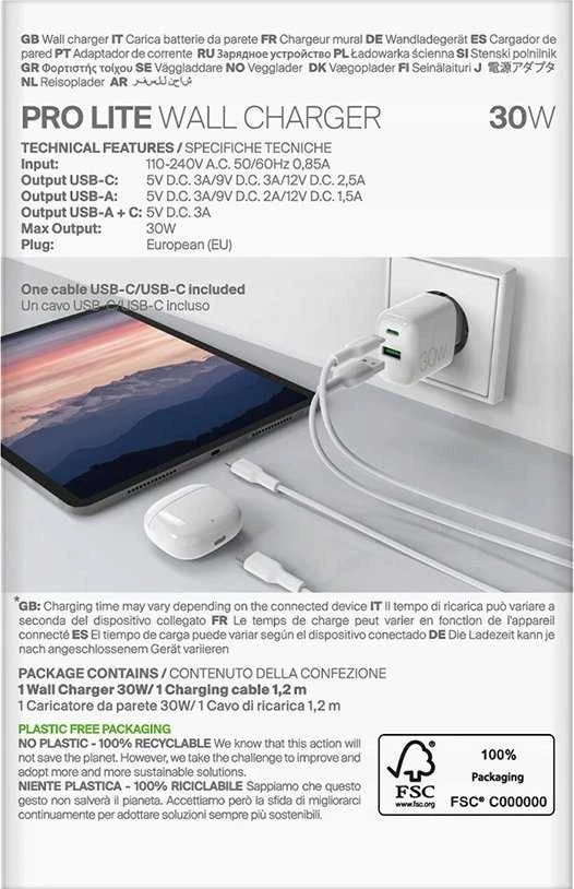 Puro PROLITE 30W USB-A / USB-C sieninis įkroviklis + USB-C – USB-C laidas 1,2 m – baltos spalvos