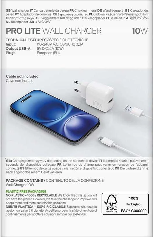 Puro PROLITE 10W USB-A laidinis įkroviklis – baltos spalvos