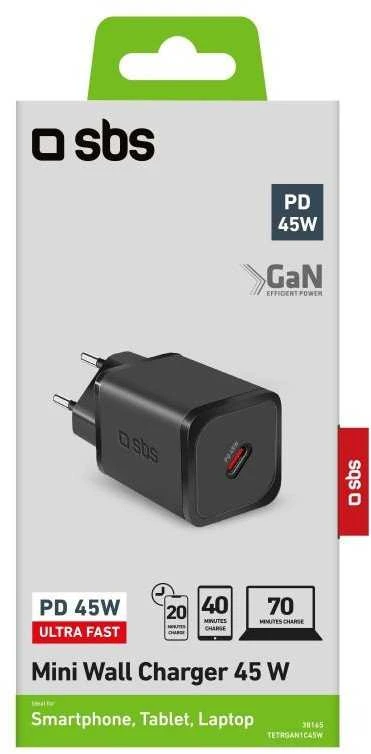 SBS TETRGAN1C45W 45W GaN USB-C laidinis įkroviklis su Power Delivery – juodos spalvos