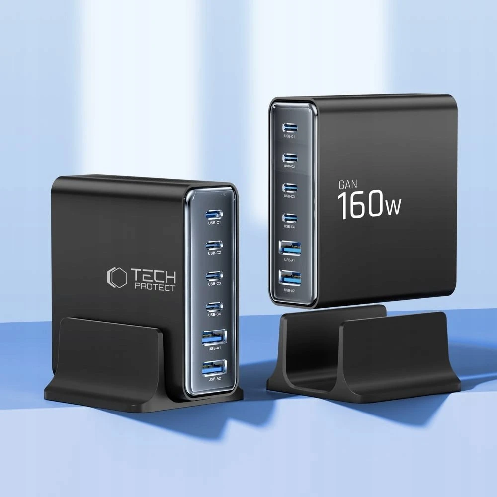 Tech-Protect DC160W-GAN 6-Port stalinis įkroviklis PD 160W / QC3.0 juodos spalvos
