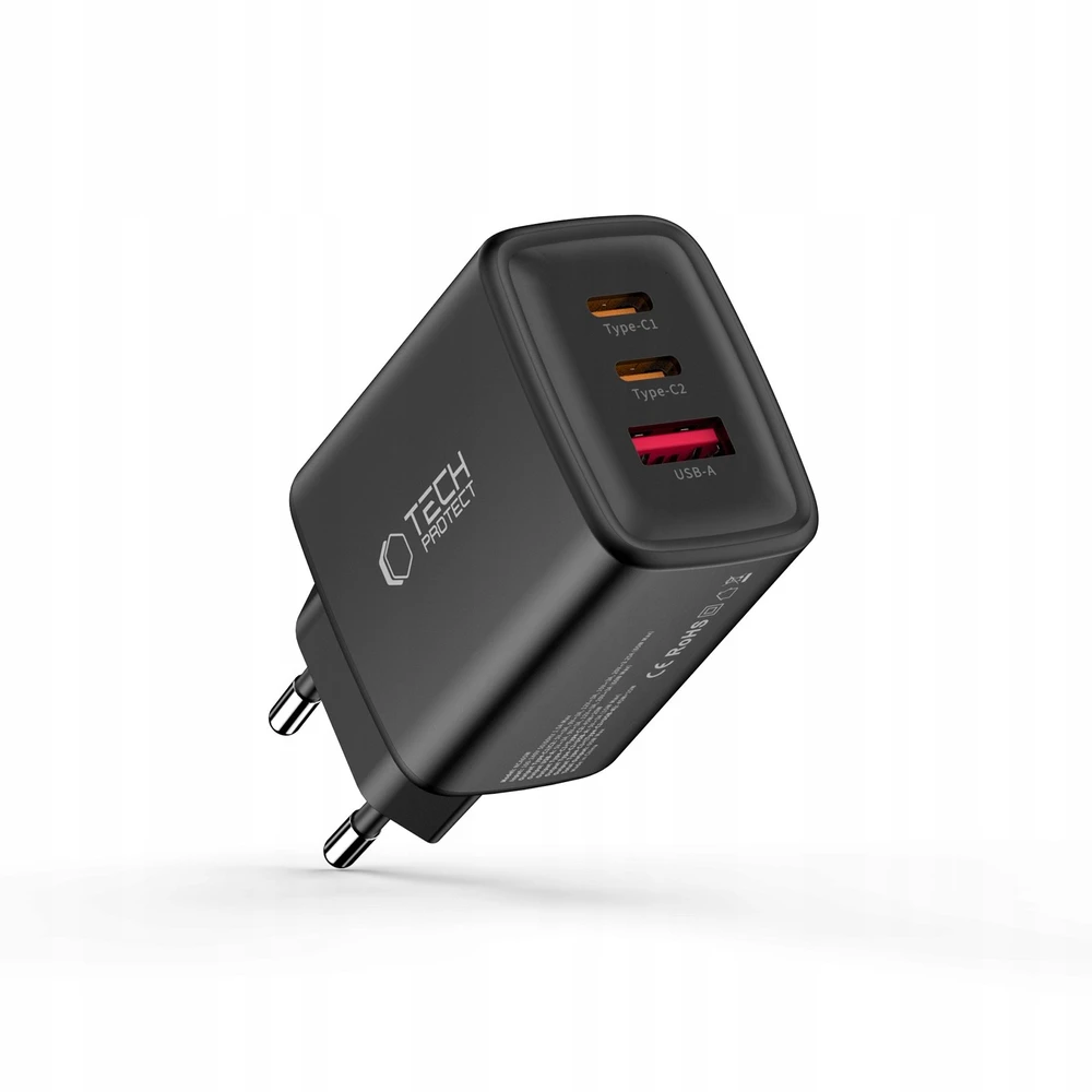Tech-Protect NCA65W-GAN 3-PORT laidinis įkroviklis PD 65W / QC3.0 juodos spalvos