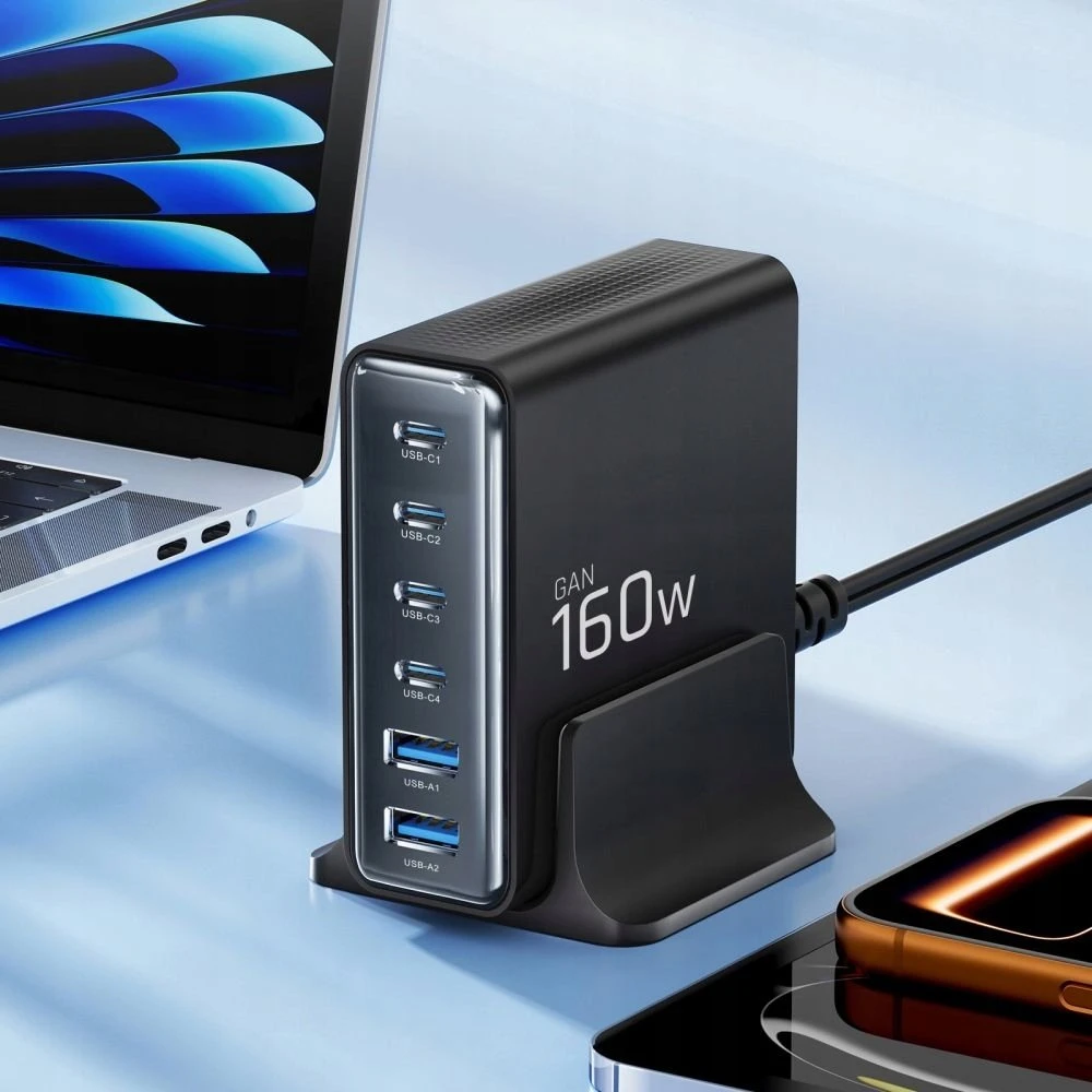 Tech-Protect DC160W-GAN 6-Port stalinis įkroviklis PD 160W / QC3.0 juodos spalvos