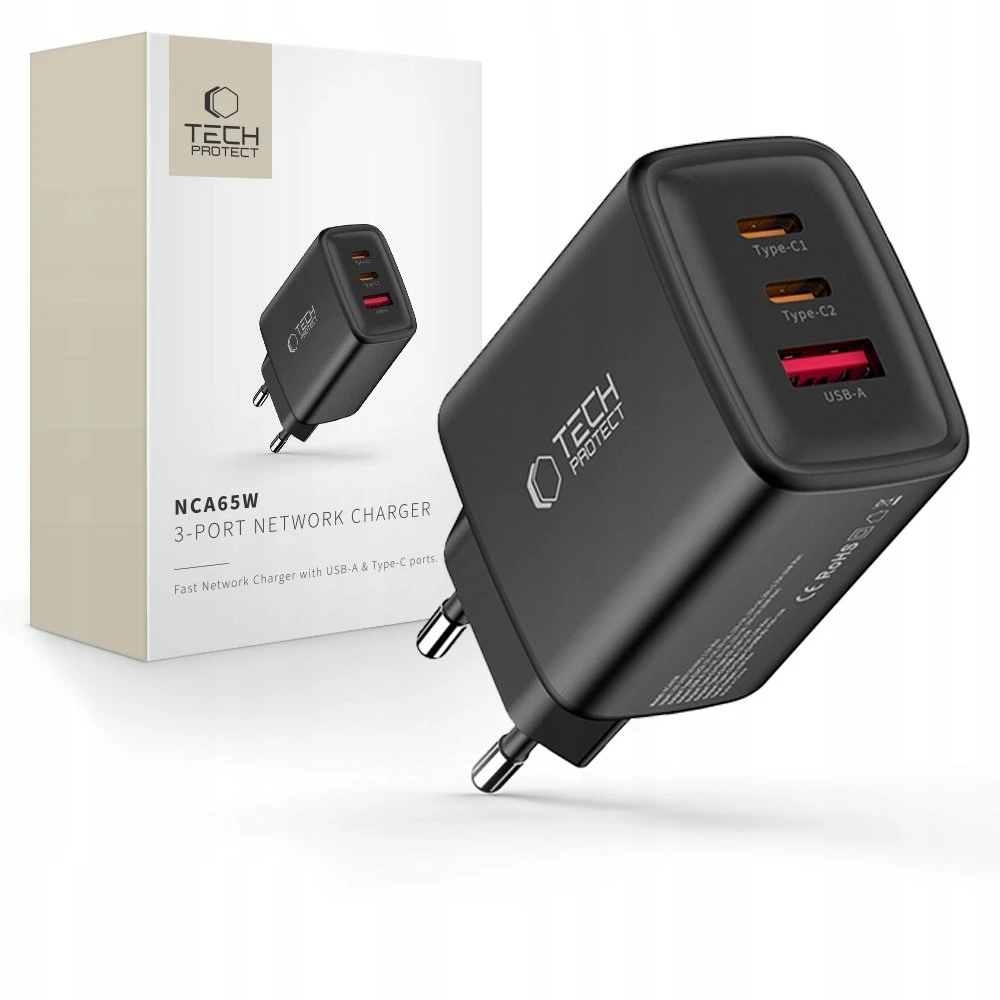 Tech-Protect NCA65W-GAN 3-PORT laidinis įkroviklis PD 65W / QC3.0 juodos spalvos