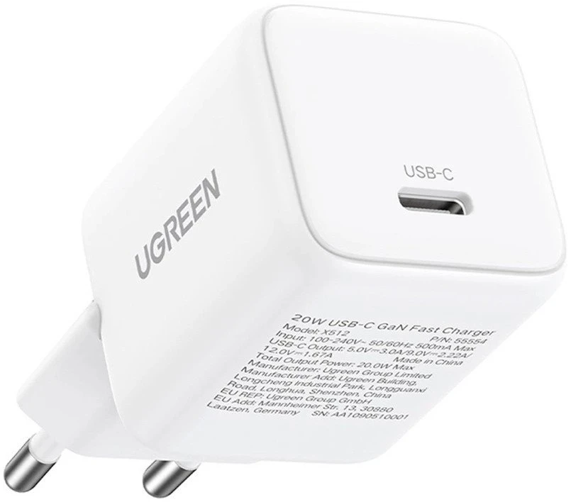 „Ugreen Nexode N“ serijos X512 20 W „GaN“ 1 x USB-C sieninis įkroviklis – baltos spalvos