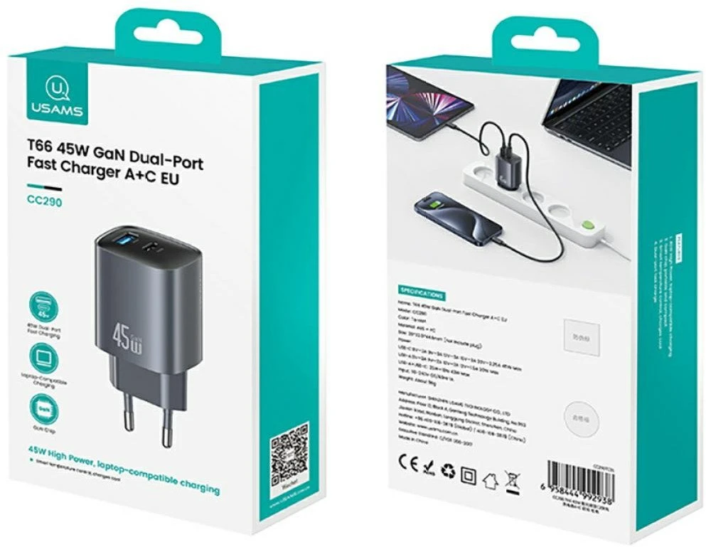 Laidinis įkroviklis USAMS CC290 T66 45W GaN 1xUSB-A 1xUSB-C sidabrinis