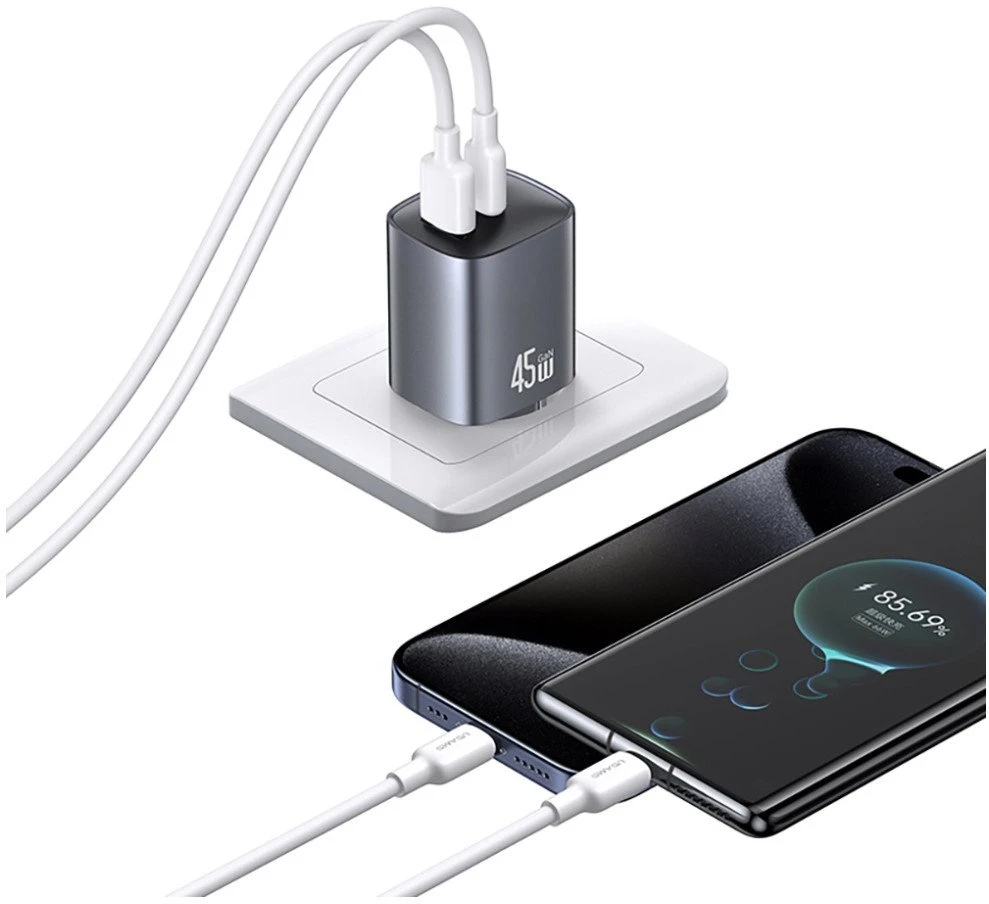 Laidinis įkroviklis USAMS CC290 T66 45W GaN 1xUSB-A 1xUSB-C tarnish