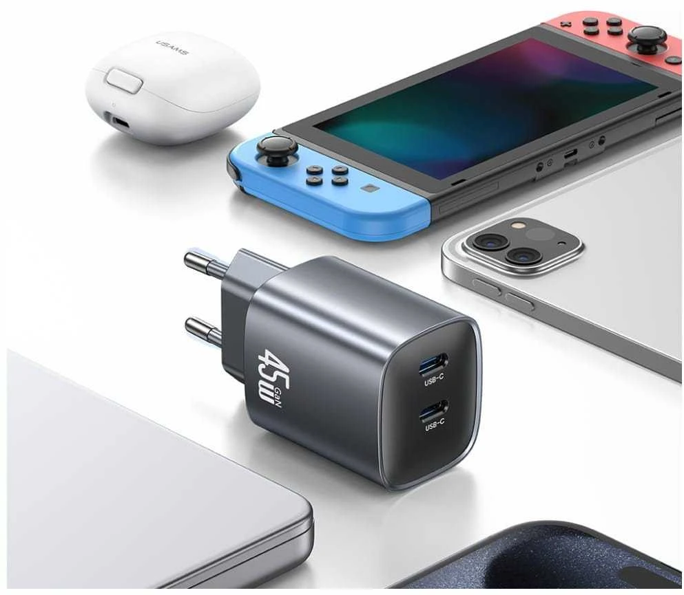 Laidinis įkroviklis USAMS CC305 T66 45W GaN 2xUSB-C tarnish